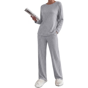 image:imageEkouaer Womens Lounge Sets Long Sleeve Casual Pajama Fall Sleepwear Pockets  Soft Ribbed Knit Pjs Loungewear 2 Piece Outfits Crew neck Curved Hem Fashion 2026 Matching Sets Women ClothingLight Gray