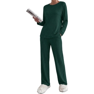 image:imageEkouaer Womens Lounge Sets Long Sleeve Casual Pajama Fall Sleepwear Pockets  Soft Ribbed Knit Pjs Loungewear 2 Piece Outfits Crew neck Curved Hem Fashion 2026 Matching Sets Women ClothingGreen