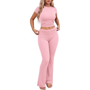 image:imageEkouaer Womens Pajama Set Short Sleeve Crop Top Foldover Flare Pants  Soft Comfy Stretchy Summer Wear Fall Layer High Waist Fold Waistband For Loungewear Yoga Daily Casual WearPink