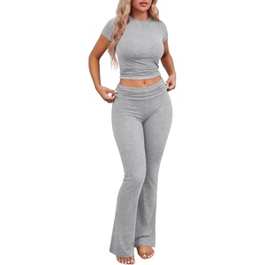 image:imageEkouaer Womens Pajama Set Short Sleeve Crop Top Foldover Flare Pants  Soft Comfy Stretchy Summer Wear Fall Layer High Waist Fold Waistband For Loungewear Yoga Daily Casual WearLight Gray