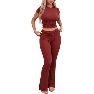 image:imageEkouaer Womens Pajama Set Short Sleeve Crop Top Foldover Flare Pants  Soft Comfy Stretchy Summer Wear Fall Layer High Waist Fold Waistband For Loungewear Yoga Daily Casual WearWine Red