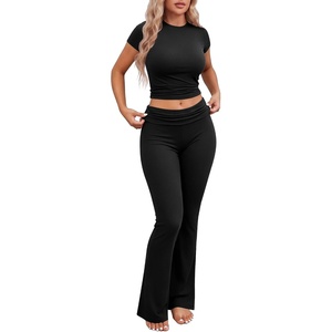 image:imageEkouaer Womens Pajama Set Short Sleeve Crop Top Foldover Flare Pants  Soft Comfy Stretchy Summer Wear Fall Layer High Waist Fold Waistband For Loungewear Yoga Daily Casual WearBlack