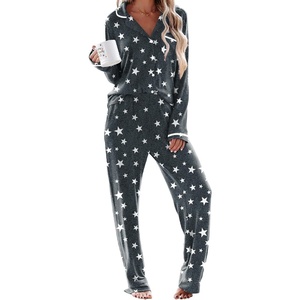 image:imageEkouaer Womens Pajama Sets Long Sleeve Button Down 2 Piece Soft Pjs  Soft 2 Piece Lounge Sets Fall Sleepwear Long Pants With Side Pockets Soft and SkinFriendly FabricGrey Star