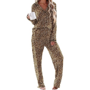 image:imageEkouaer Womens Pajama Sets Long Sleeve Button Down 2 Piece Soft Pjs  Soft 2 Piece Lounge Sets Fall Sleepwear Long Pants With Side Pockets Soft and SkinFriendly FabricLeopard