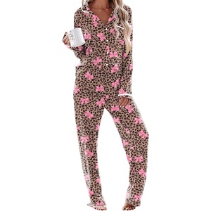 image:imageEkouaer Womens Pajama Sets Long Sleeve Button Down 2 Piece Soft Pjs  Soft 2 Piece Lounge Sets Fall Sleepwear Long Pants With Side Pockets Soft and SkinFriendly FabricLeopard Bow