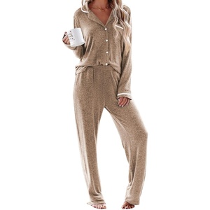 image:imageEkouaer Womens Pajama Sets Long Sleeve Button Down 2 Piece Soft Pjs  Soft 2 Piece Lounge Sets Fall Sleepwear Long Pants With Side Pockets Soft and SkinFriendly FabricLight Brown