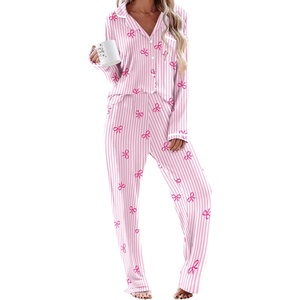 image:imageEkouaer Womens Pajama Sets Long Sleeve Button Down 2 Piece Soft Pjs  Soft 2 Piece Lounge Sets Fall Sleepwear Long Pants With Side Pockets Soft and SkinFriendly FabricStriped Bowpink