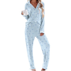 image:imageEkouaer Womens Pajama Sets Long Sleeve Button Down 2 Piece Soft Pjs  Soft 2 Piece Lounge Sets Fall Sleepwear Long Pants With Side Pockets Soft and SkinFriendly FabricPolka Dot Bowblue