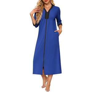 image:imageEkouaer Womens Zipper Robe 34 Sleeves Housecoat Full Length Nightgown  Soft Bathrobe for Women with Pockets Zip Up Lightweight Loungewear Long SleepwearFloral and Stripe Print