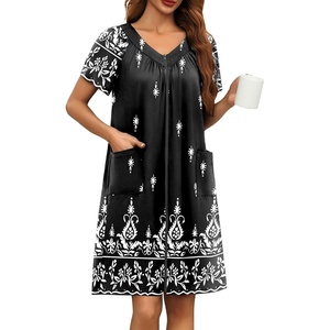 image:imageEkouaer Womens Zipper Front Mumu Duster Robes with Pockets Soft Housecoat  Soft material Zipfront Pleated neckline Short sleeves Two pockets Knee length Housecoat Night gown Lounge robeWhite Black Floral
