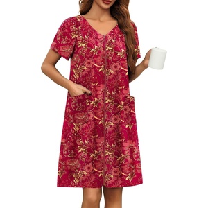 image:imageEkouaer Womens Zipper Front Mumu Duster Robes with Pockets Soft Housecoat  Soft material Zipfront Pleated neckline Short sleeves Two pockets Knee length Housecoat Night gown Lounge robeRed Floral