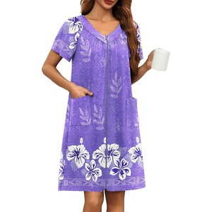 image:imageEkouaer Womens Zipper Front Mumu Duster Robes with Pockets Soft Housecoat  Soft material Zipfront Pleated neckline Short sleeves Two pockets Knee length Housecoat Night gown Lounge robeFloral Lilac