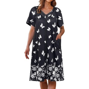 image:imageEkouaer Womens Zipper Front Mumu Duster Robes with Pockets Soft Housecoat  Soft material Zipfront Pleated neckline Short sleeves Two pockets Knee length Housecoat Night gown Lounge robeWhite Butterfly