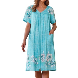 image:imageEkouaer Womens Zipper Front Mumu Duster Robes with Pockets Soft Housecoat  Soft material Zipfront Pleated neckline Short sleeves Two pockets Knee length Housecoat Night gown Lounge robeA Green Floral