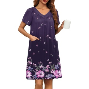 image:imageEkouaer Womens Zipper Front Mumu Duster Robes with Pockets Soft Housecoat  Soft material Zipfront Pleated neckline Short sleeves Two pockets Knee length Housecoat Night gown Lounge robeFloral Purple Black