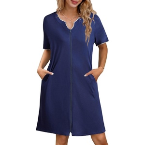 image:imageEkouaer Zipper Robes for Women Knee Length Bathrobe Lightweight Housecoat Short Sleeve Nightgown with Pockets S3XLNavy Blue