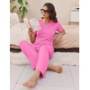image:imageEkouaer Womens Ribbed Knit Lounge Set Short Sleeve Top and Long Pants Soft Pajama Set 2 Piece Sleepwear with PocketsHot Pink