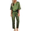 image:imageEkouaer Womens Satin Silky Pajama Set 2 Piece V Neck Silk Pjs with Pocket  Short SleeveSoft SleepwearLightweight Lounge SetsComfy LoungewearBridal Wedding Party Pajamas GiftsXS2XLArmy Green