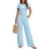 image:imageEkouaer Lounge Sets for Women 2 Piece Summer Matching Set with Pockets  Vacation Airport Travel OutfitsSoft Stretch LoungewearSlim Short Sleeve Graphic Top and PantsComfy Casual ClothesLight Bluepalm Tree