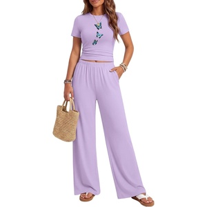 image:imageEkouaer Lounge Sets for Women 2 Piece Summer Matching Set with Pockets  Vacation Airport Travel OutfitsSoft Stretch LoungewearSlim Short Sleeve Graphic Top and PantsComfy Casual ClothesPurplebutterfly
