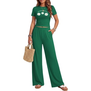 image:imageEkouaer Lounge Sets for Women 2 Piece Summer Matching Set with Pockets  Vacation Airport Travel OutfitsSoft Stretch LoungewearSlim Short Sleeve Graphic Top and PantsComfy Casual ClothesDark Greendaisy