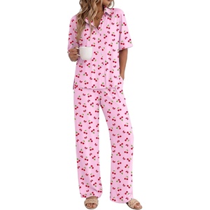 image:imageEkouaer Pajamas for Women Set Button Up Short Sleeve Pjs with Long Pants  Summer Sleepwear Deep Pockets Soft Fabric 2 Piece Lounge Set Relaxed Fit Various OccasionsPink Cherry