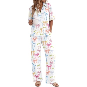 image:imageEkouaer Pajamas for Women Set Button Up Short Sleeve Pjs with Long Pants  Summer Sleepwear Deep Pockets Soft Fabric 2 Piece Lounge Set Relaxed Fit Various OccasionsColorful Bow
