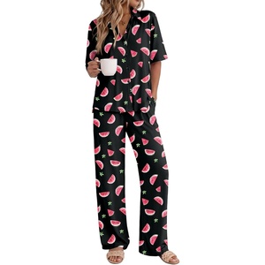image:imageEkouaer Pajamas for Women Set Button Up Short Sleeve Pjs with Long Pants  Summer Sleepwear Deep Pockets Soft Fabric 2 Piece Lounge Set Relaxed Fit Various OccasionsBlack Watermelon