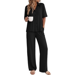 image:imageEkouaer Pajamas for Women Set Button Up Short Sleeve Pjs with Long Pants  Summer Sleepwear Deep Pockets Soft Fabric 2 Piece Lounge Set Relaxed Fit Various OccasionsBlack
