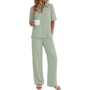 image:imageEkouaer Pajamas for Women Set Button Up Short Sleeve Pjs with Long Pants  Summer Sleepwear Deep Pockets Soft Fabric 2 Piece Lounge Set Relaxed Fit Various OccasionsLight Green