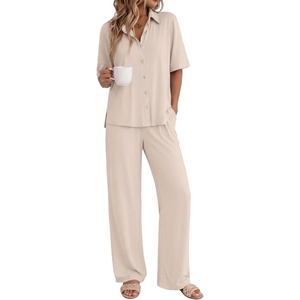 image:imageEkouaer Pajamas for Women Set Button Up Short Sleeve Pjs with Long Pants  Summer Sleepwear Deep Pockets Soft Fabric 2 Piece Lounge Set Relaxed Fit Various OccasionsChampagne