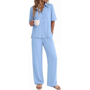 image:imageEkouaer Pajamas for Women Set Button Up Short Sleeve Pjs with Long Pants  Summer Sleepwear Deep Pockets Soft Fabric 2 Piece Lounge Set Relaxed Fit Various OccasionsLight Blue