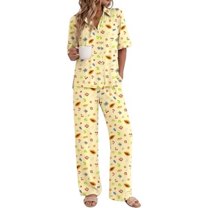 image:imageEkouaer Pajamas for Women Set Button Up Short Sleeve Pjs with Long Pants  Summer Sleepwear Deep Pockets Soft Fabric 2 Piece Lounge Set Relaxed Fit Various OccasionsPale Yellow Fruit