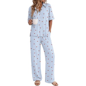 image:imageEkouaer Pajamas for Women Set Button Up Short Sleeve Pjs with Long Pants  Summer Sleepwear Deep Pockets Soft Fabric 2 Piece Lounge Set Relaxed Fit Various OccasionsBlue Gingham Cherry