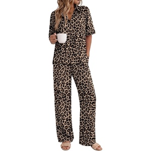 image:imageEkouaer Pajamas for Women Set Button Up Short Sleeve Pjs with Long Pants  Summer Sleepwear Deep Pockets Soft Fabric 2 Piece Lounge Set Relaxed Fit Various OccasionsBrown Leopard