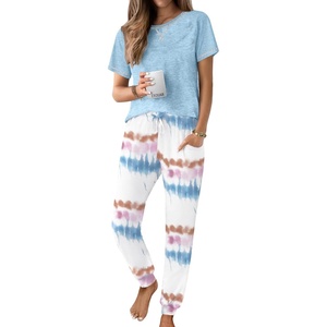 image:imageEkouaer Pajamas for Women Set Short Sleeve PJ Set 2 Piece Jogger Pants  Womens Round Neck Sleepwear with Raglan Sleeve Side Pockets Relaxed Fit Loungewear for Home Lounging Daily Wear TravelTiedye Light Blue
