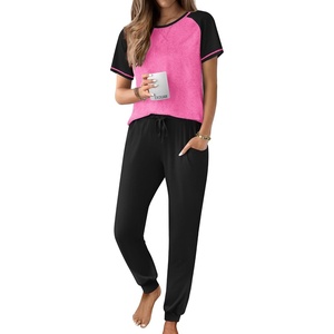 image:imageEkouaer Pajamas for Women Set Short Sleeve PJ Set 2 Piece Jogger Pants  Womens Round Neck Sleepwear with Raglan Sleeve Side Pockets Relaxed Fit Loungewear for Home Lounging Daily Wear TravelBlackPink