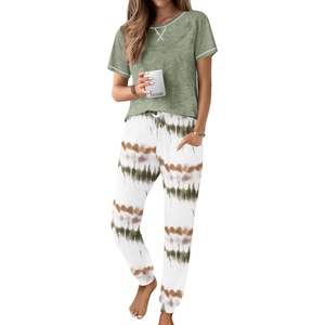 image:imageEkouaer Pajamas for Women Set Short Sleeve PJ Set 2 Piece Jogger Pants  Womens Round Neck Sleepwear with Raglan Sleeve Side Pockets Relaxed Fit Loungewear for Home Lounging Daily Wear TravelTiedye Army Green