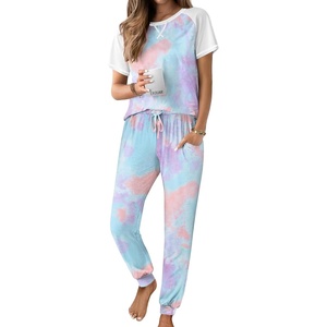 image:imageEkouaer Pajamas for Women Set Short Sleeve PJ Set 2 Piece Jogger Pants  Womens Round Neck Sleepwear with Raglan Sleeve Side Pockets Relaxed Fit Loungewear for Home Lounging Daily Wear TravelTiedye Blue