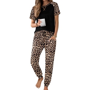 image:imageEkouaer Pajamas for Women Set Short Sleeve PJ Set 2 Piece Jogger Pants  Womens Round Neck Sleepwear with Raglan Sleeve Side Pockets Relaxed Fit Loungewear for Home Lounging Daily Wear TravelBlack Leopard