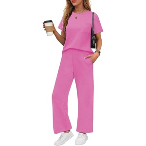 image:imageEkouaer Womens Ribbed Knit Lounge Set Short Sleeve Top and Long Pants Soft Pajama Set 2 Piece Sleepwear with PocketsHot Pink