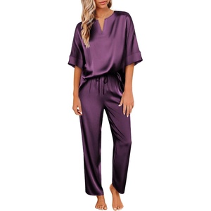 image:imageEkouaer Womens Satin Silky Pajama Set 2 Piece V Neck Silk Pjs with Pocket  Short SleeveSoft SleepwearLightweight Lounge SetsComfy LoungewearBridal Wedding Party Pajamas GiftsXS2XLDeep Purple