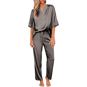 image:imageEkouaer Womens Satin Silky Pajama Set 2 Piece V Neck Silk Pjs with Pocket  Short SleeveSoft SleepwearLightweight Lounge SetsComfy LoungewearBridal Wedding Party Pajamas GiftsXS2XLDark Grey