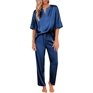 image:imageEkouaer Womens Satin Silky Pajama Set 2 Piece V Neck Silk Pjs with Pocket  Short SleeveSoft SleepwearLightweight Lounge SetsComfy LoungewearBridal Wedding Party Pajamas GiftsXS2XLNavy Blue