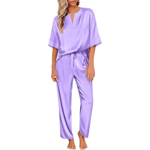 image:imageEkouaer Womens Satin Silky Pajama Set 2 Piece V Neck Silk Pjs with Pocket  Short SleeveSoft SleepwearLightweight Lounge SetsComfy LoungewearBridal Wedding Party Pajamas GiftsXS2XLLight Purple