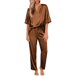 image:imageEkouaer Womens Satin Silky Pajama Set 2 Piece V Neck Silk Pjs with Pocket  Short SleeveSoft SleepwearLightweight Lounge SetsComfy LoungewearBridal Wedding Party Pajamas GiftsXS2XLBrown