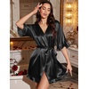 image:imageEkouaer Silk Robes for Women Short Lightweight Bathrobe Satin Kimono Robes  Ruffled Sexy Bride Bridesmaid Sleepwear 34 sleeve V neck TabovekneelengthBlack