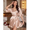image:imageEkouaer Silk Robes for Women Short Lightweight Bathrobe Satin Kimono Robes  Ruffled Sexy Bride Bridesmaid Sleepwear 34 sleeve V neck TabovekneelengthKhaki