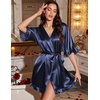 image:imageEkouaer Silk Robes for Women Short Lightweight Bathrobe Satin Kimono Robes  Ruffled Sexy Bride Bridesmaid Sleepwear 34 sleeve V neck TabovekneelengthNavy Blue