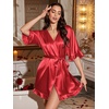 image:imageEkouaer Silk Robes for Women Short Lightweight Bathrobe Satin Kimono Robes  Ruffled Sexy Bride Bridesmaid Sleepwear 34 sleeve V neck TabovekneelengthRed